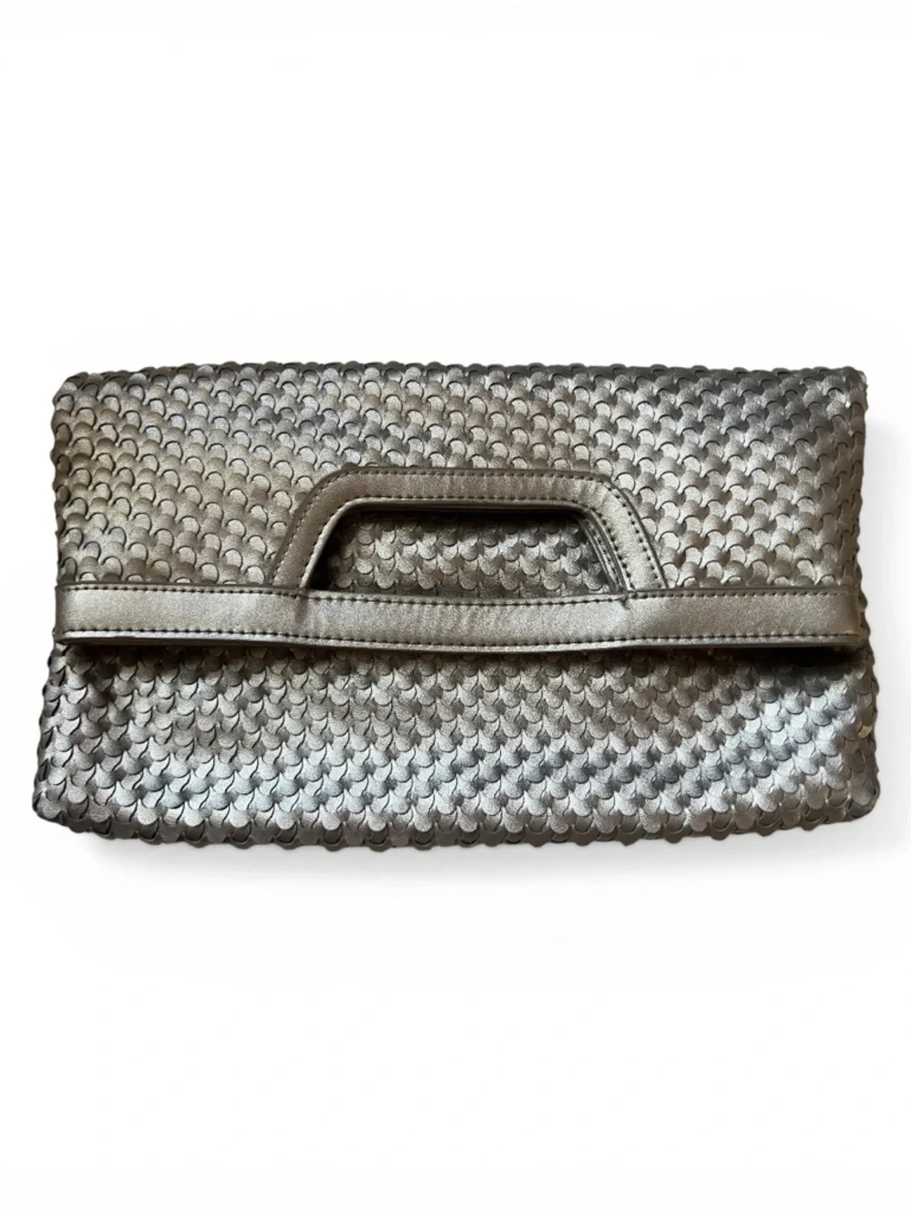 Chico's Metallic Silver Scalloped Foldover Clutch & Top-Handle Handbag